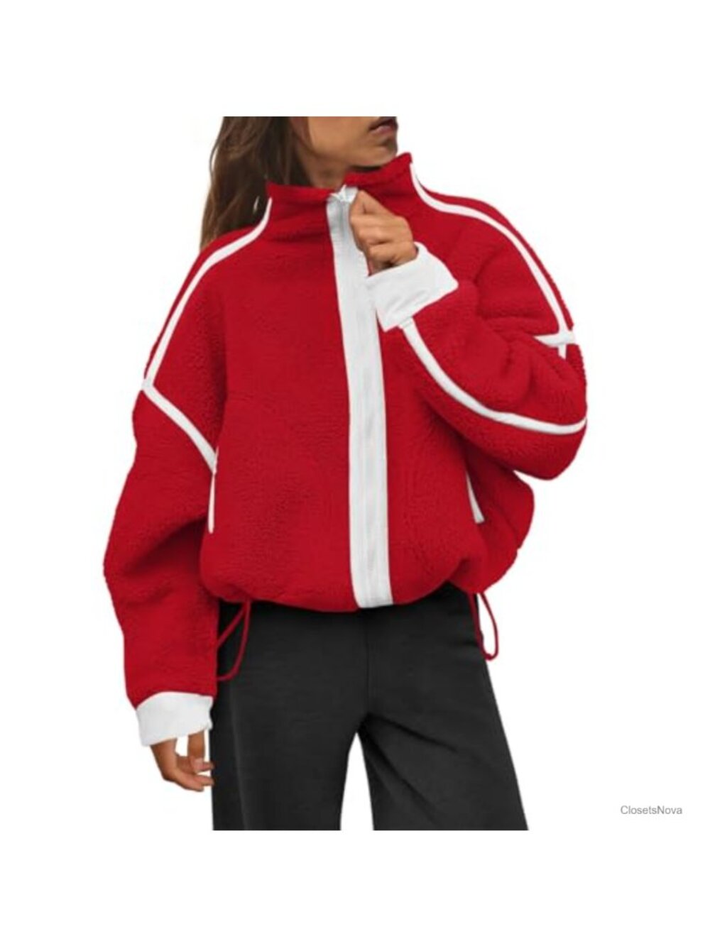 Sherpa Fleece Zip Up Jacket Contrast Trim Drawstring Hem Cozy Outdoor